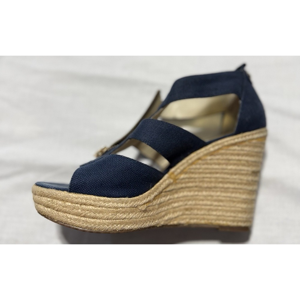 Michael Kors Berkley Navy Blue Canvas Front Zip Espadrille Wedge Sandals Size 7M - Picture 5 of 8